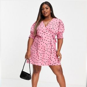 Pink wrap dress with black polka dots and puff sleeves NWT